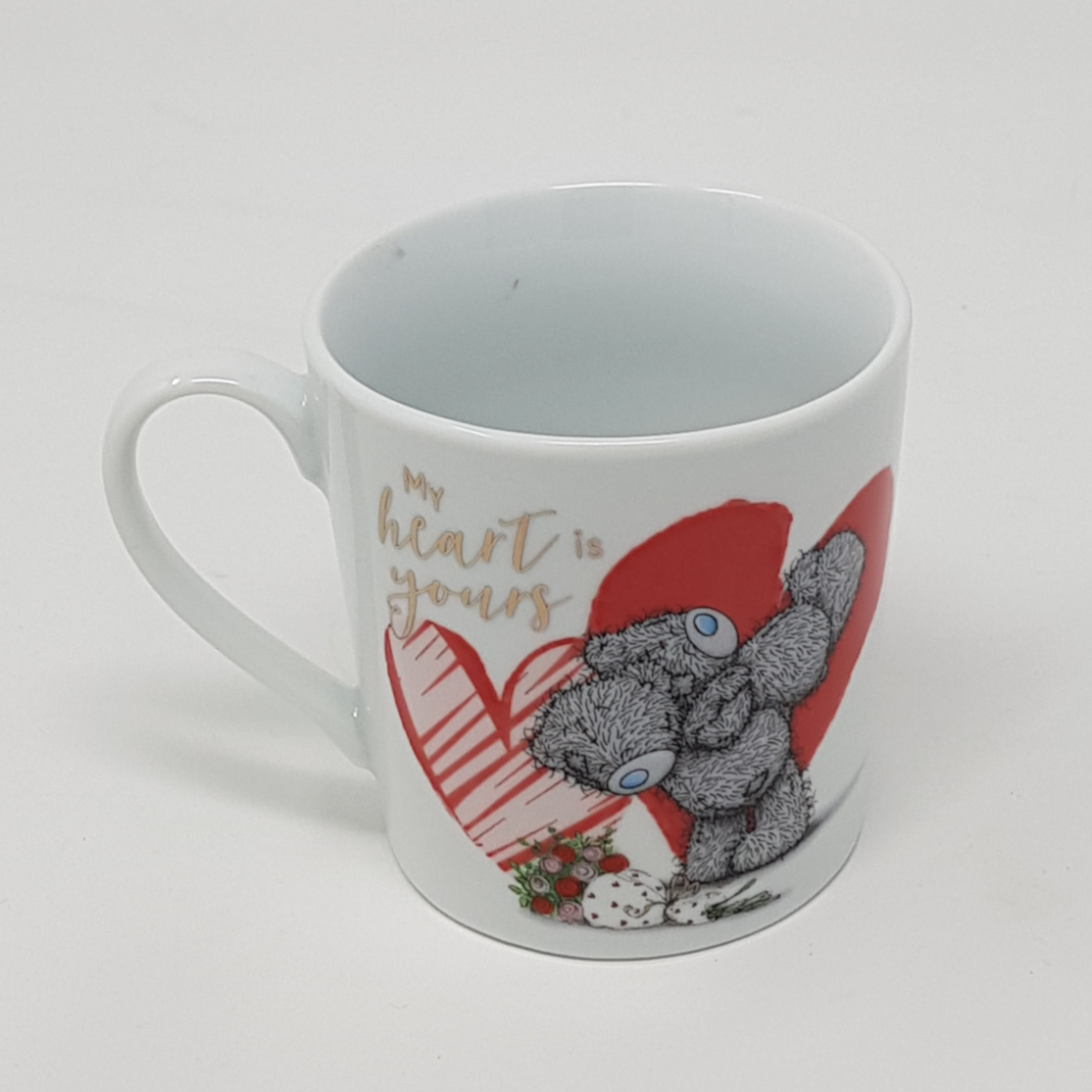 Mug - Cute Teddy Holding Another Beside Hearts & Flowers