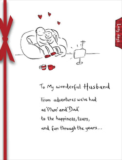 Fathers Day Card - Husband / Couple Sitting On The Sofa Watching TV & Red Bow