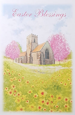 Easter Card - Easter Blessings / Two Cherry Blossom Trees Beside A Church