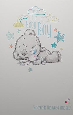 New Baby Card - Baby Boy / Cute Teddy Sleeping Under Blue Stars