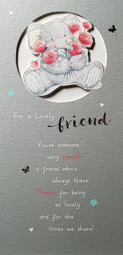 Birthday Card - Friend / A Lovely Elephant Holding Red Flowers On A Silver Front