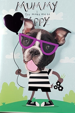 Mummy Mothers Day Card - A Funny Dog Holding A Purple Heart Balloon