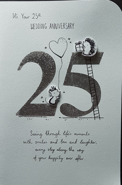 Anniversary Card - 25th Anniversary / Two Cute Hedgehogs On Silver 25