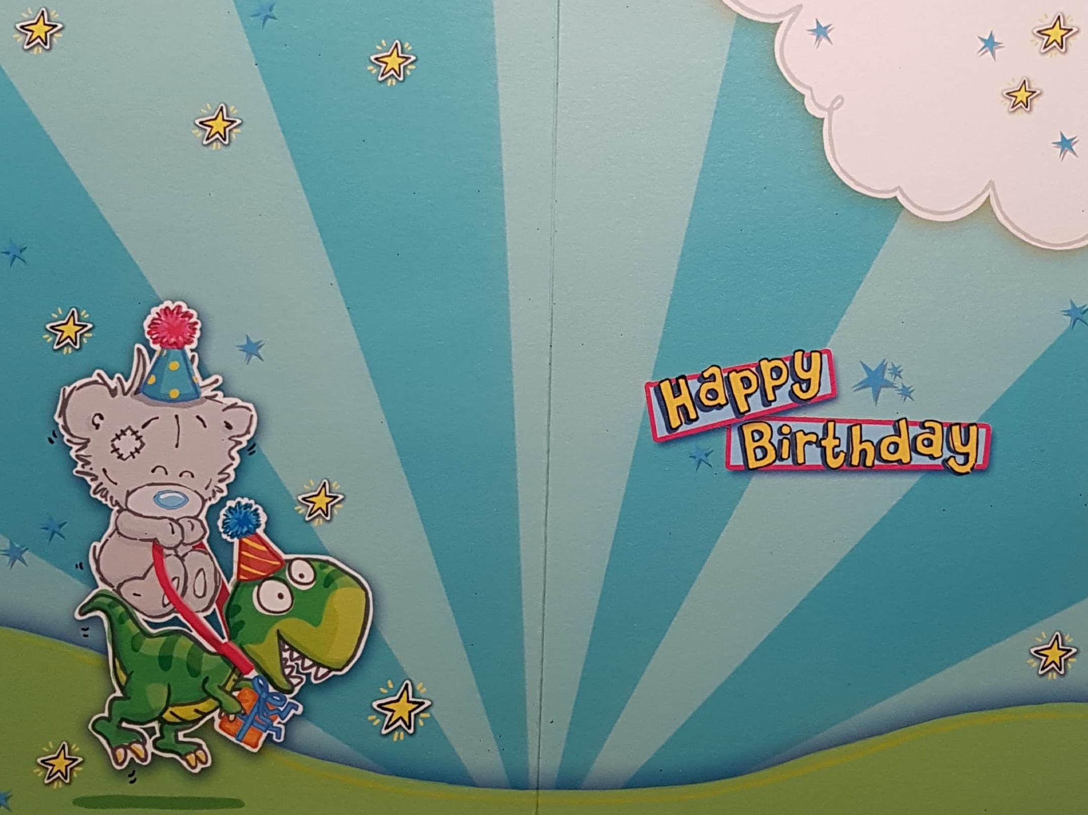 Age 5 Birthday Card - Teddy Riding On A Dinosaur Near Volcano