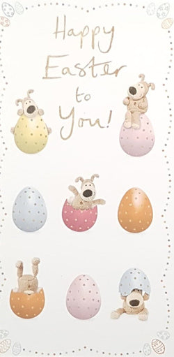 Easter Card - Cute Knitted Dogs Playing In Easter Eggs