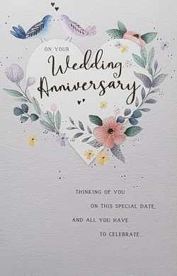 Anniversary Card - A White Heart With A Floral Border & Love Birds