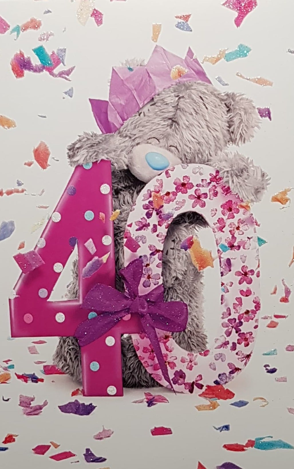 Age 40 Birthday Card - Teddy Holding Number 40 With A Purple Hat & A Bow