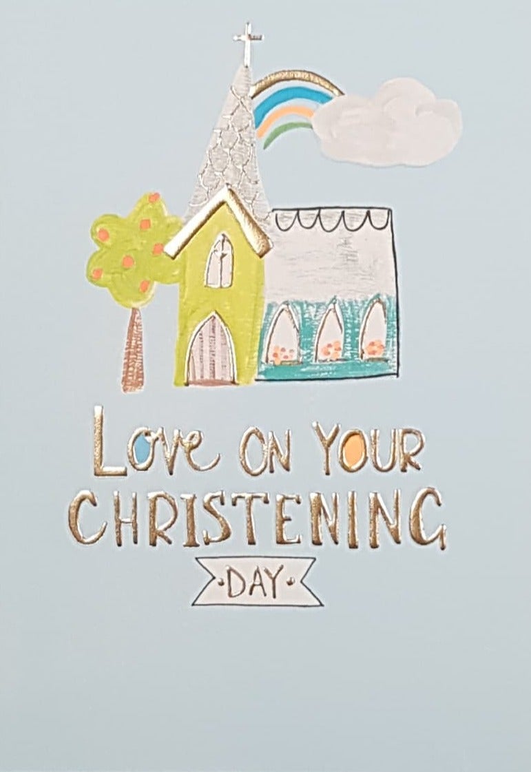 Christening Card - A Rainbow Over A Green & Blue Church On A Blue Background