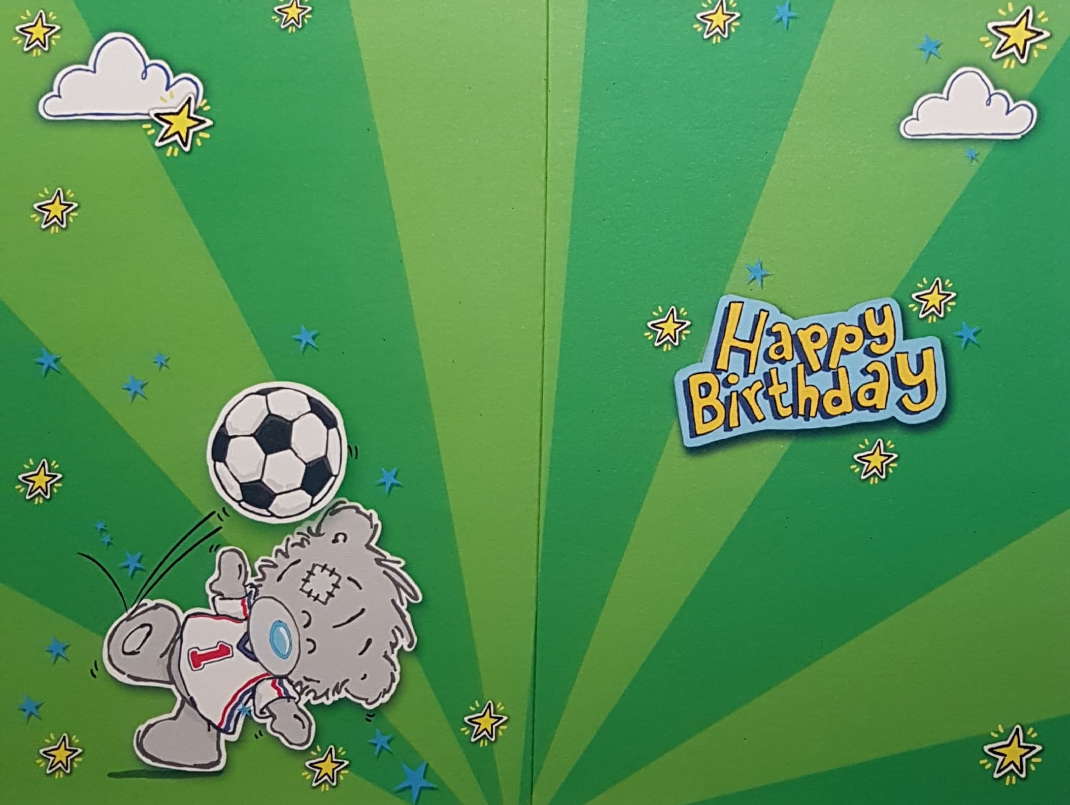 Age 7 Birthday Card - Teddy Kicking Football Into Air