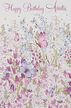 Birthday Card - Auntie/ A Meadow Of Pink Flowers & Butterflies