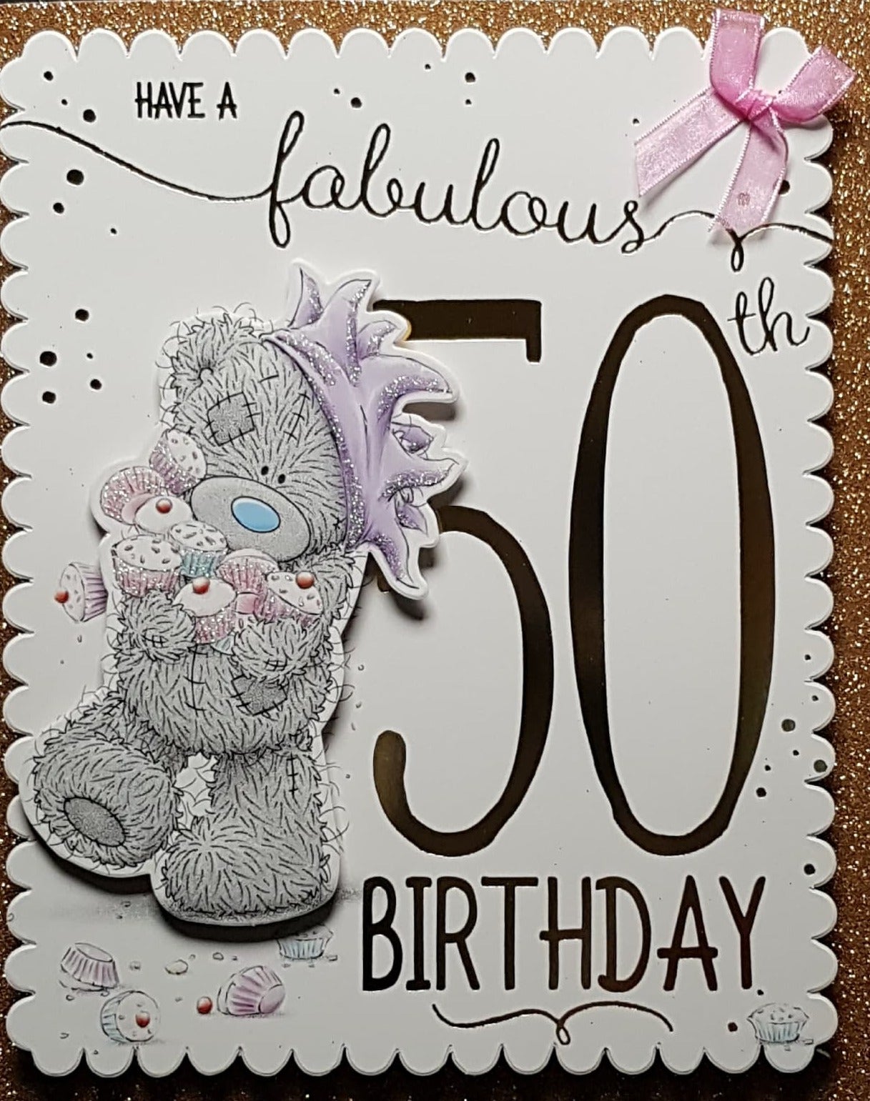 Age 50 Birthday Card - Teddy A In Purple Hat Holding Cupcakes (Card In A Presentation Box)