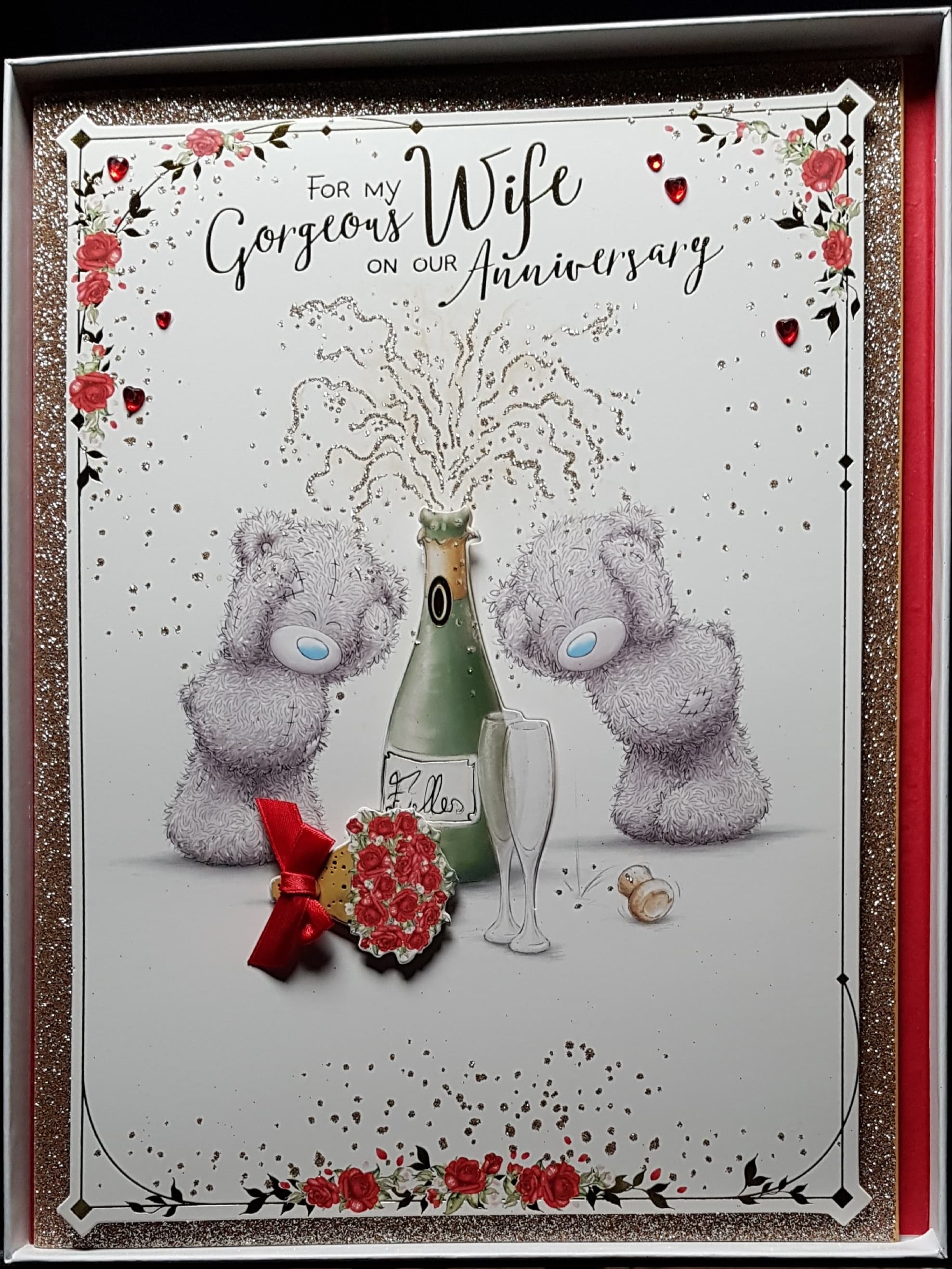Anniversary Card - Wife / A Teddy Couple Celebrating & A Gold Glitter (A Card In A Box)