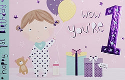 Age 1 Birthday Card - A Little Girl Holding A Teddy & Yellow & Purple Balloons