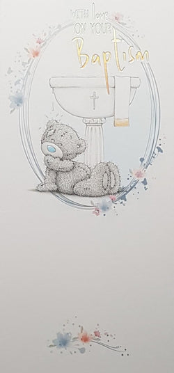 Christening Card - A Cute Teddy & Gold 'Baptism'