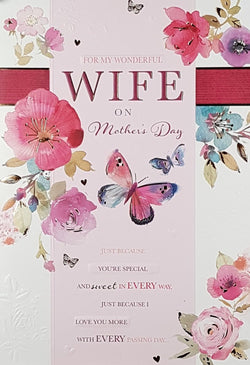 Wife Mothers Day Card - Beutiful Floral Motive & A Red Band