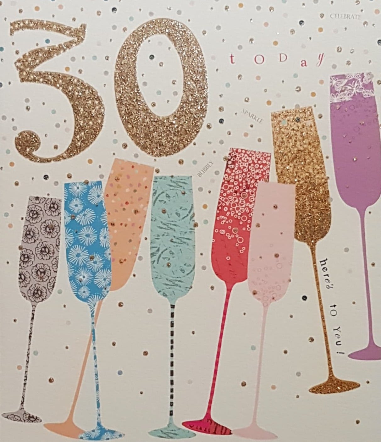 Age 30 Birthday Card - Row Of Different Coloured Champagne Glasses
