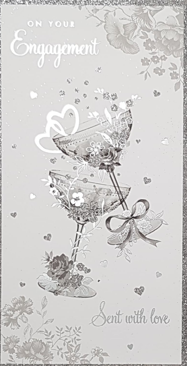 Engagement Card - Two Silver Decorated Champagne Glasses with Rose & Bow
