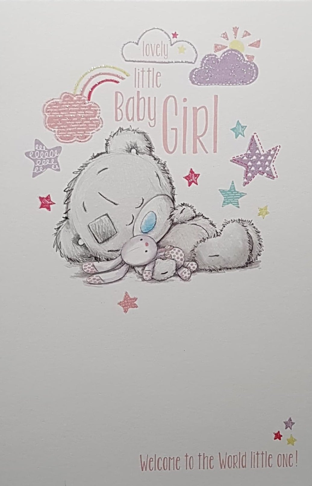 New Baby Card - Baby Girl / Little Teddy Sleeping Under Stars & A Rainbow
