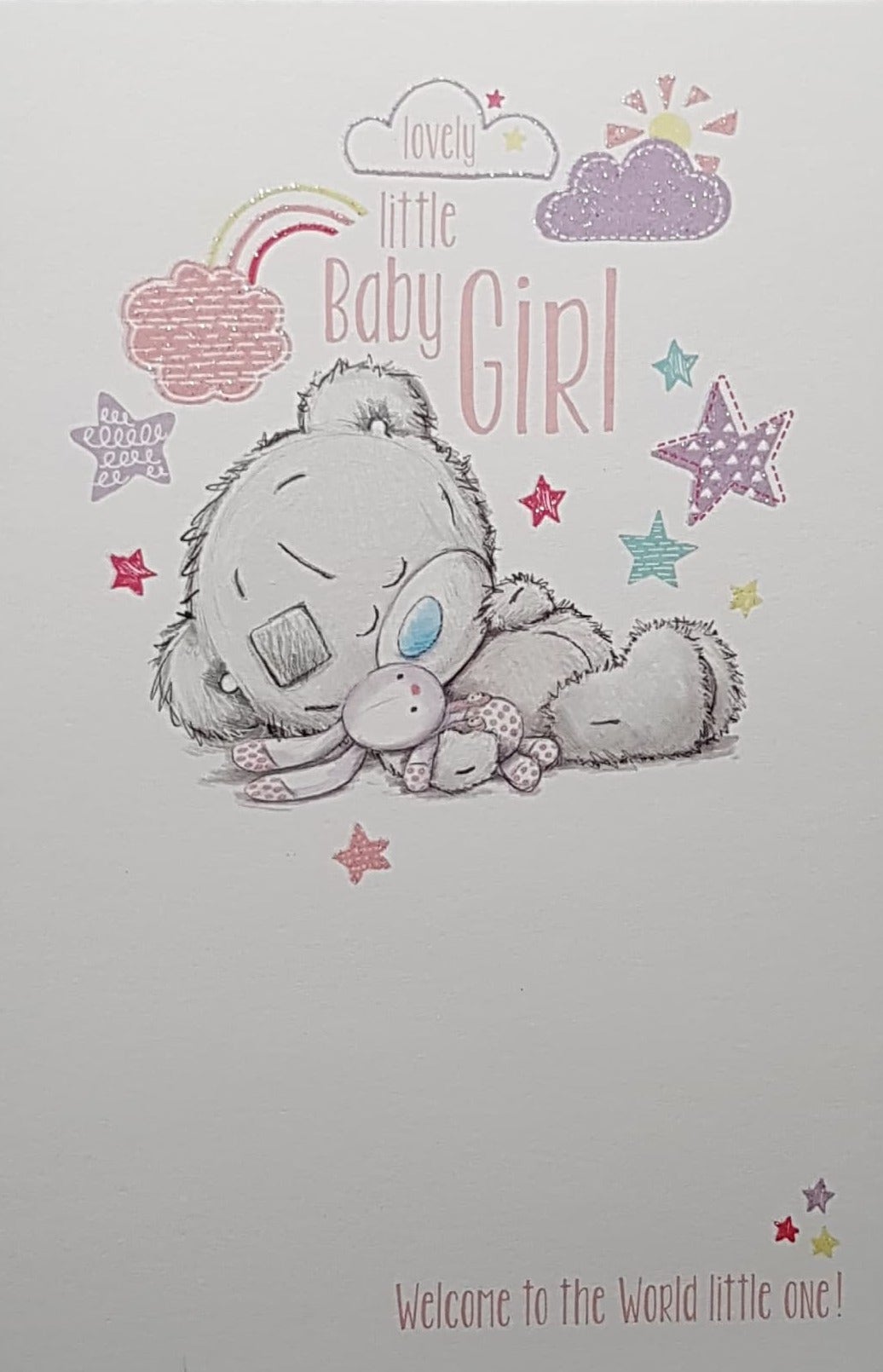New Baby Card - Baby Girl / Little Teddy Sleeping Under Stars & A Rainbow