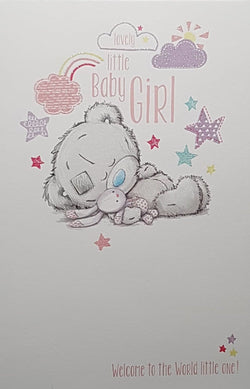 New Baby Card - Baby Girl / Little Teddy Sleeping Under Stars & A Rainbow