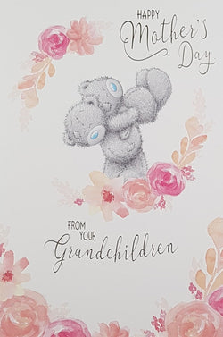 From Your Grandchildren Mothers Day Card - Two Happy Teddies & Flowers With Glitter