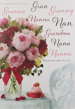 Grandmother Mothers Day Card - Lovely Flowers In A Vase With A Red Bow