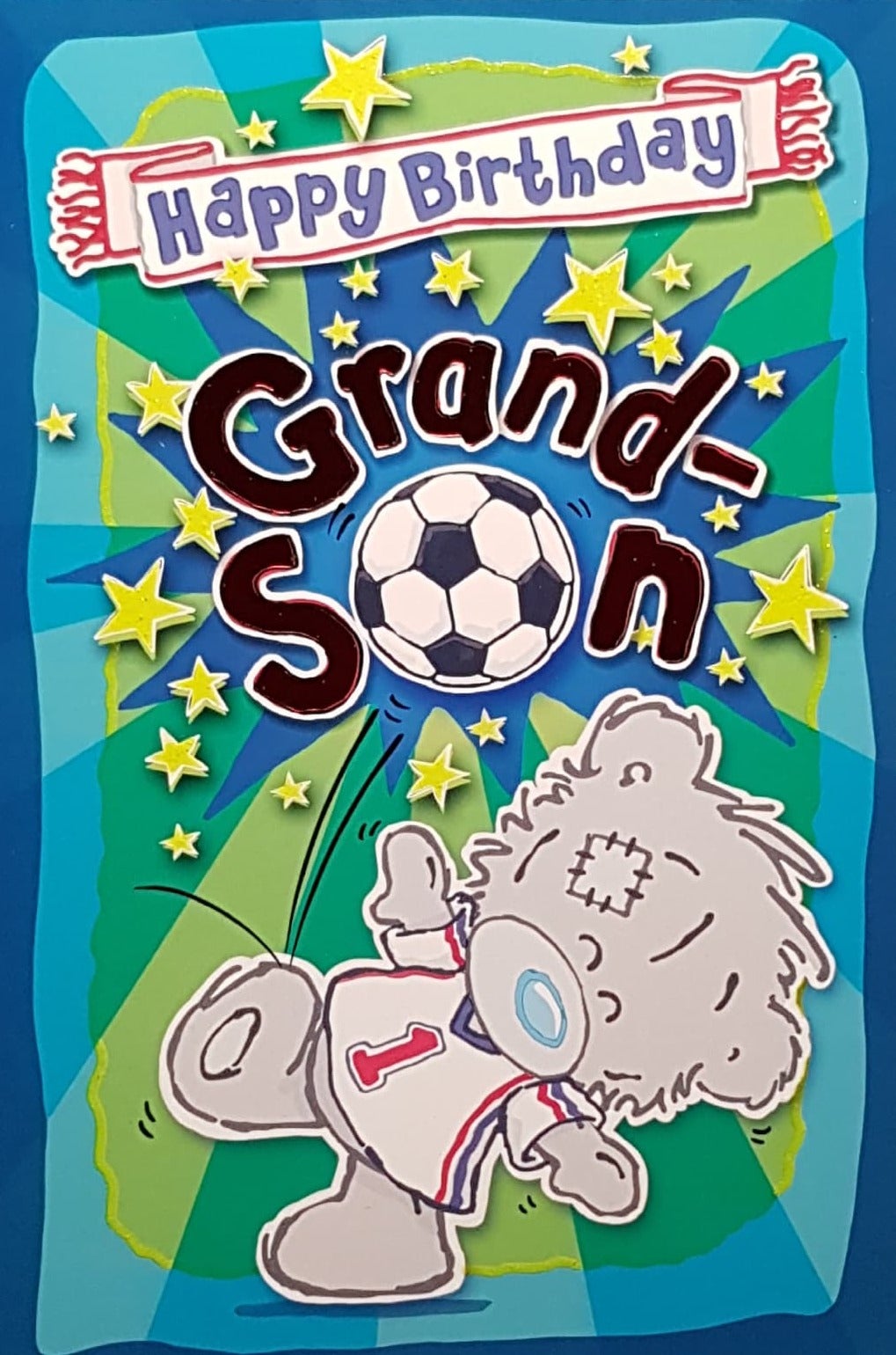 Birthday Card - Grandson / Cute Teddy Kicking Football Into Air & Stars