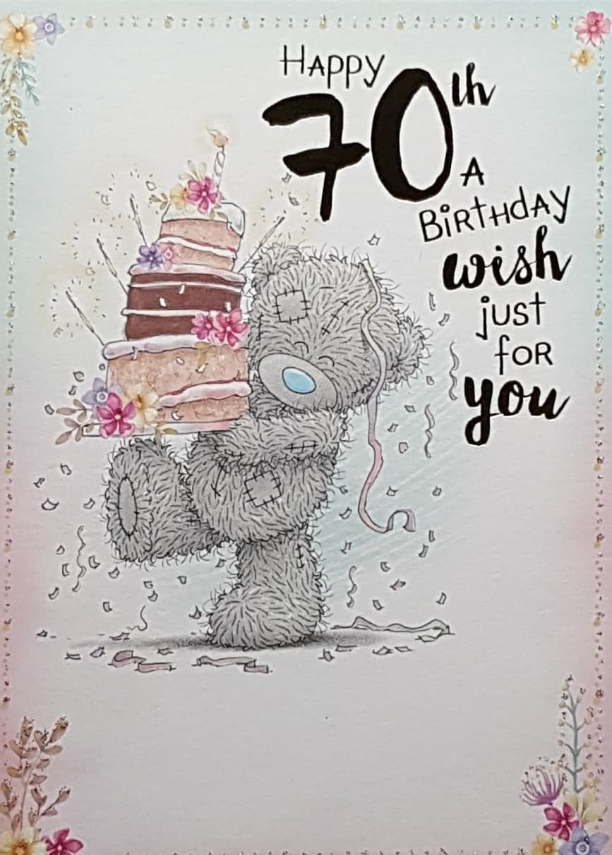 Age 70 Birthday Card - Cute Teddy Balancing On One Leg Carrying A Cake