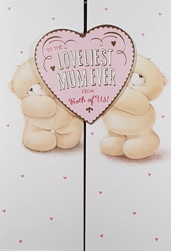 Mum From Both Of Us Mothers Day Card - Teddies Holding A Pink Heart