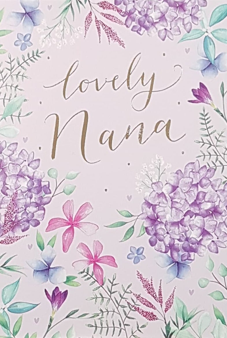 Birthday Card - Nana / A Purple Floral Motive On A Pink Front