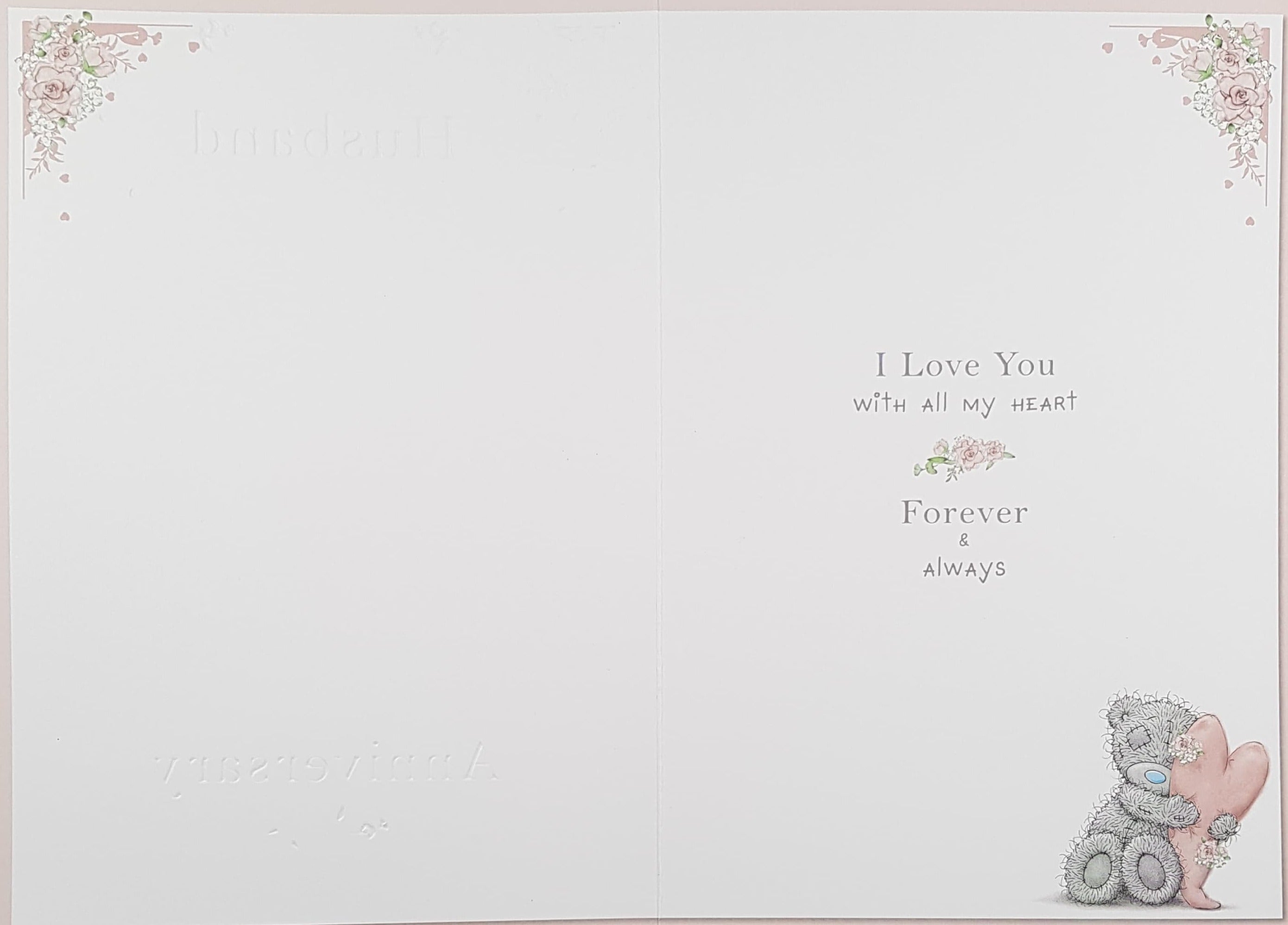 Anniversary Card - Husband / Teddy Holding Envelope Filled With Hearts