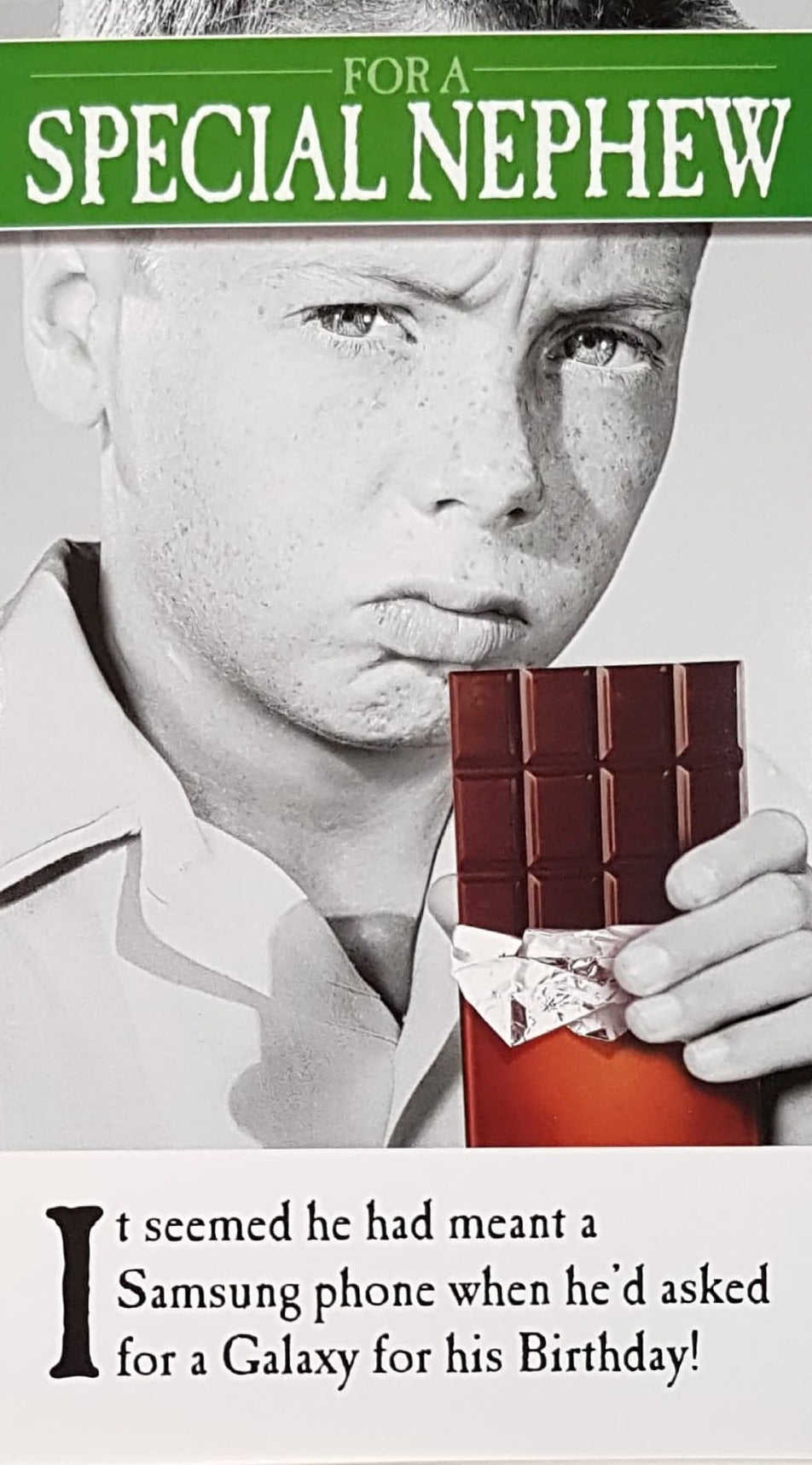 Birthday Card - Nephew / Angry Boy Holding A Chocolate Bar