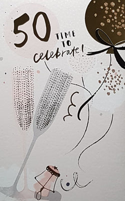 Age 50 Birthday Card - A Sparkly Brown Balloon With A Ribbon