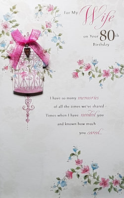 Birthday Card - Wife / A Pink Bird Cage With A Pink Bow & A Silver Heart