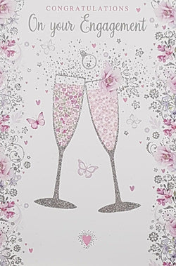 Engagement Card - Two Glasses Of Pink Champagne & Pink Flowers & Butterflies