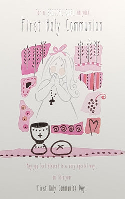 Communion Card - A Girl Wearing A Necklace With A Silver Cross ( Girl )