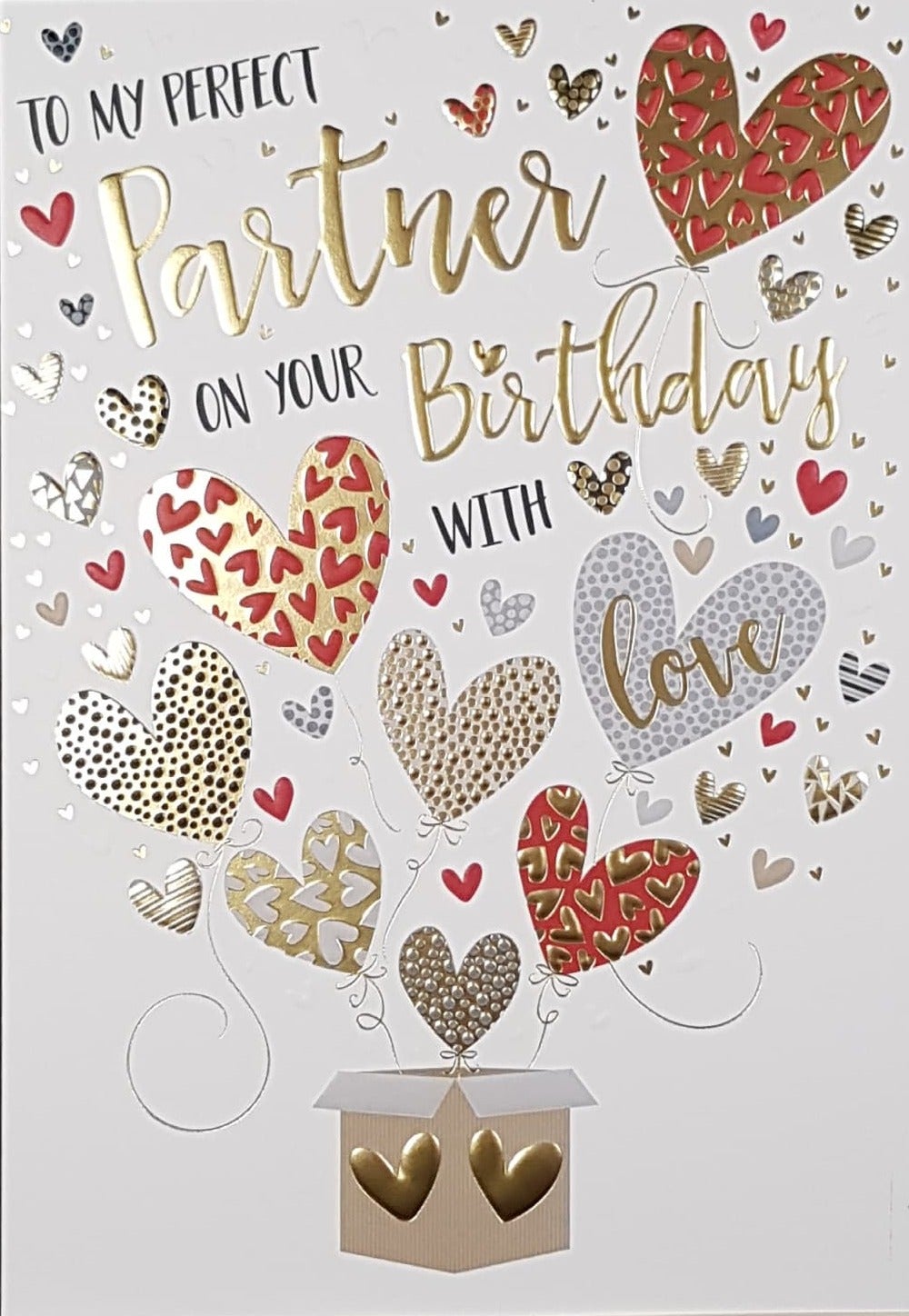 Birthday Card - Partner / Red & Gold Hearts On A White Front