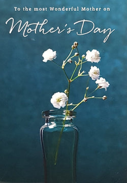 General Mothers Day Card - White Flowers In A Jar & A Blue Front
