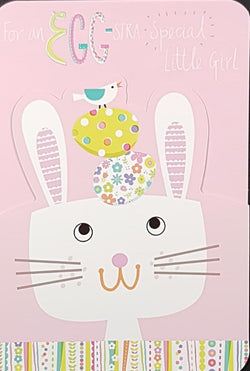 Easter Card - Little Girl / A Bird & Eggs Balancing On A Cute Bunny Rabbit