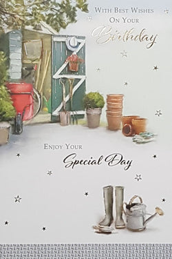 Birthday Card - Wellies & A Watering Can Near The Gardener's Shed
