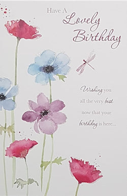 Birthday Card - A Pink Dragonfly & Blue & Red Flowers