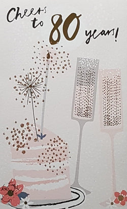 Age 80 Birthday Card - A Pink Birthday Cake & Two Red Flowers