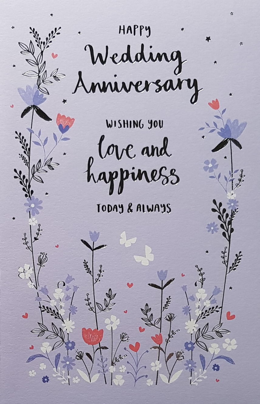 Anniversary Card - Pretty Purple & Pink Flowers On A Purple Background
