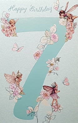 Age 7 Birthday Card - Flowers & Fairies All Around Blue 7