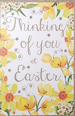 Easter Card - Thinking Of You / A Beautiful Design Of Yellow Daffodils & A Brown Frame
