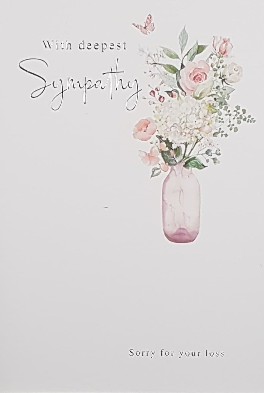 Sympathy Card - Pink Roses In A Pink Vase & A Butterfly