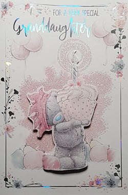 Birthday Card - Granddaughter / Teddy Holding A Giant Pink Birthday Cupcake