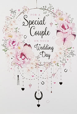 Anniversary Card - Special Couple / A Hanging Circle Of Pink Flowers & Butterflies