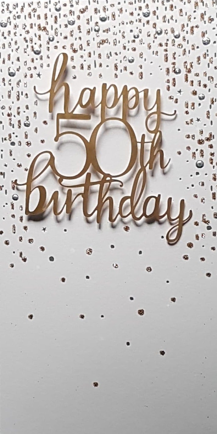 Age 50 Birthday Card - Silver & Gold Sparkle On White Front
