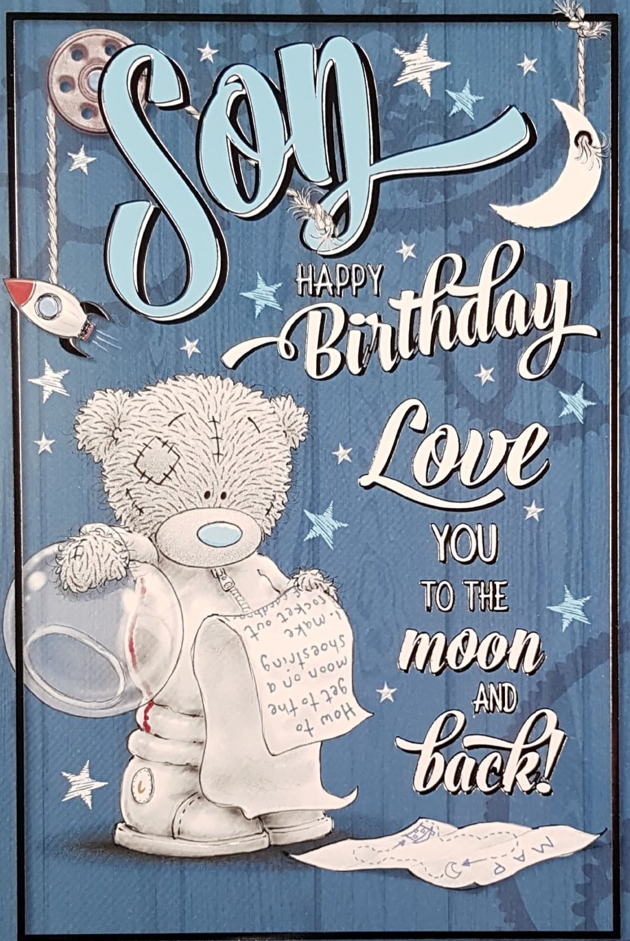 Birthday Card - Son / Cute Astronaut Teddy Reading Instructions